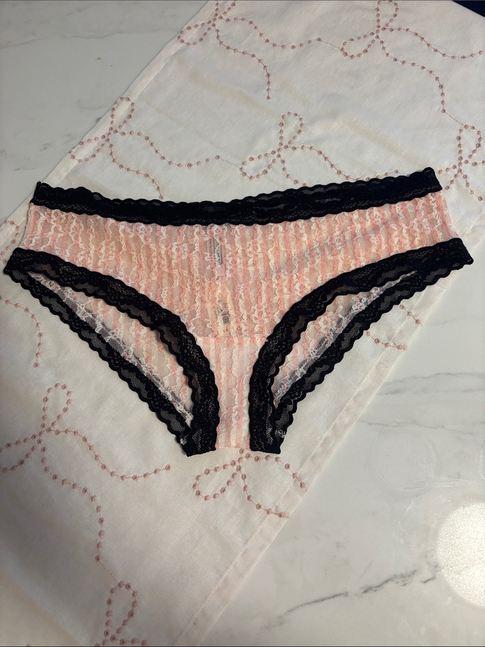Victoria's Secret Pink Striped Hipster Panty with Black Lace Trim